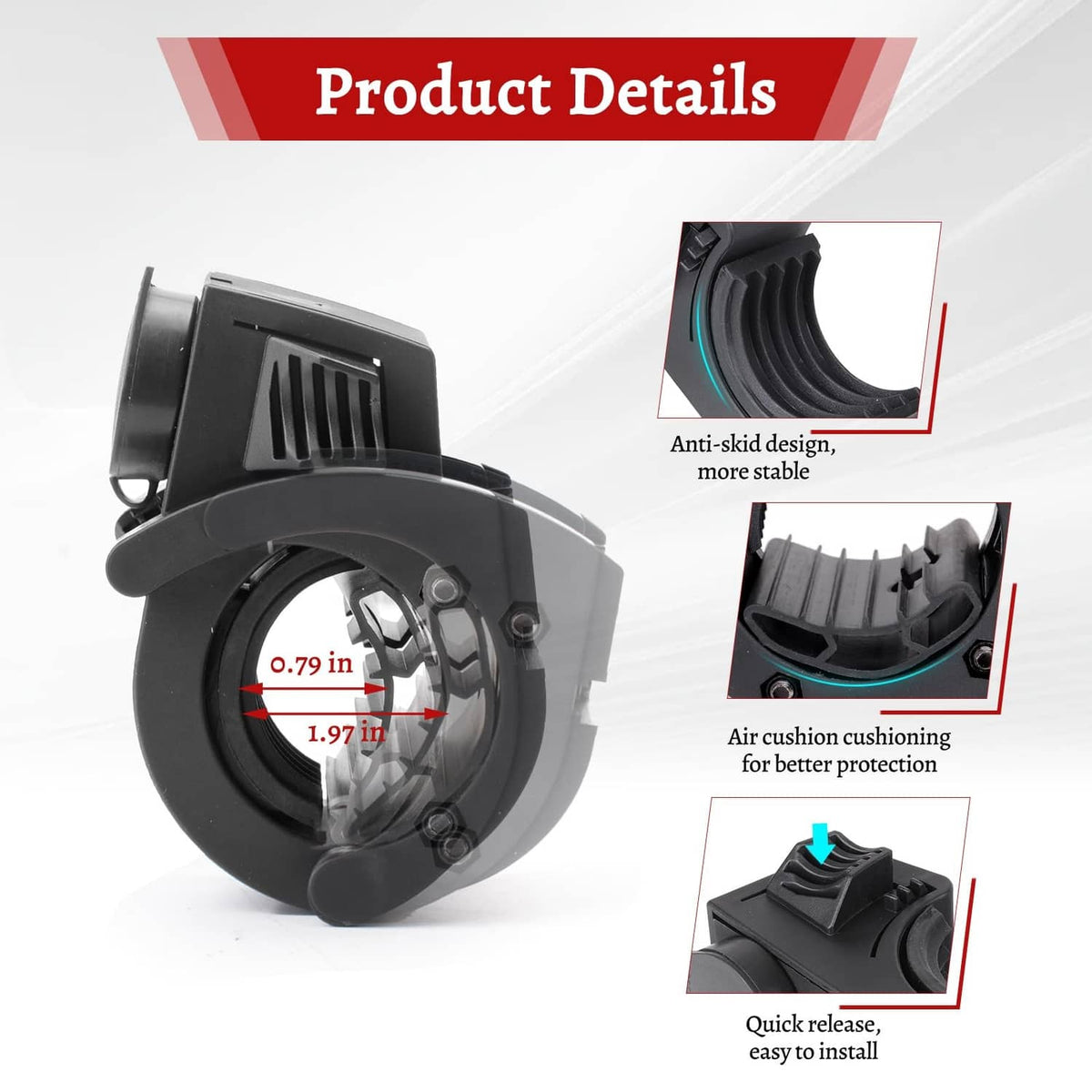 Black shovel holder rubber grip mount clamp with size guide and anti-skid grip