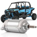 Silver starter motor with gear-end shaft and mounting bracket