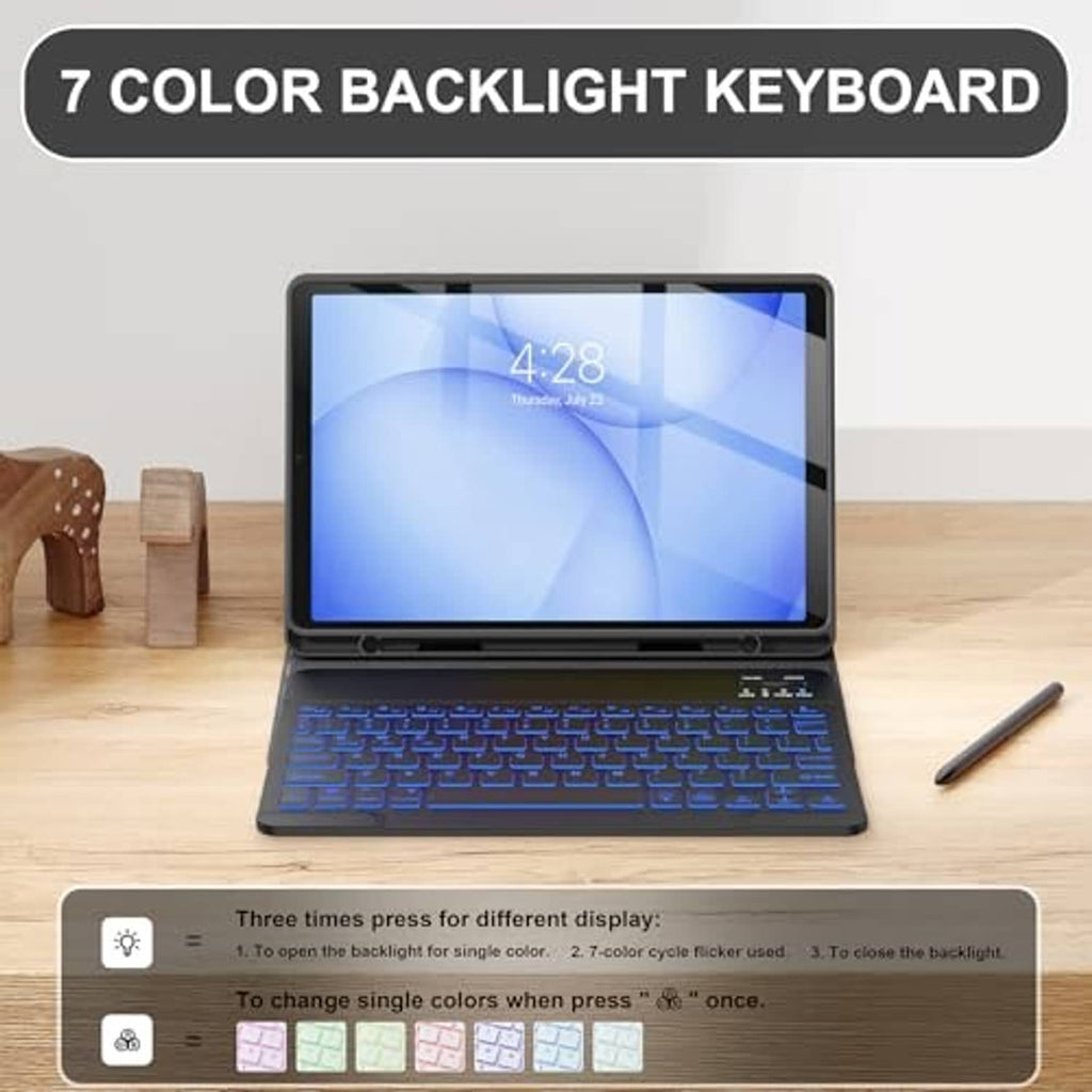 Black folio keyboard case with multicolor backlit keys on a standing tablet