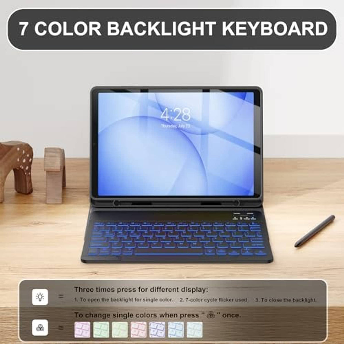 Black folio keyboard case with multicolor backlit keys on a standing tablet
