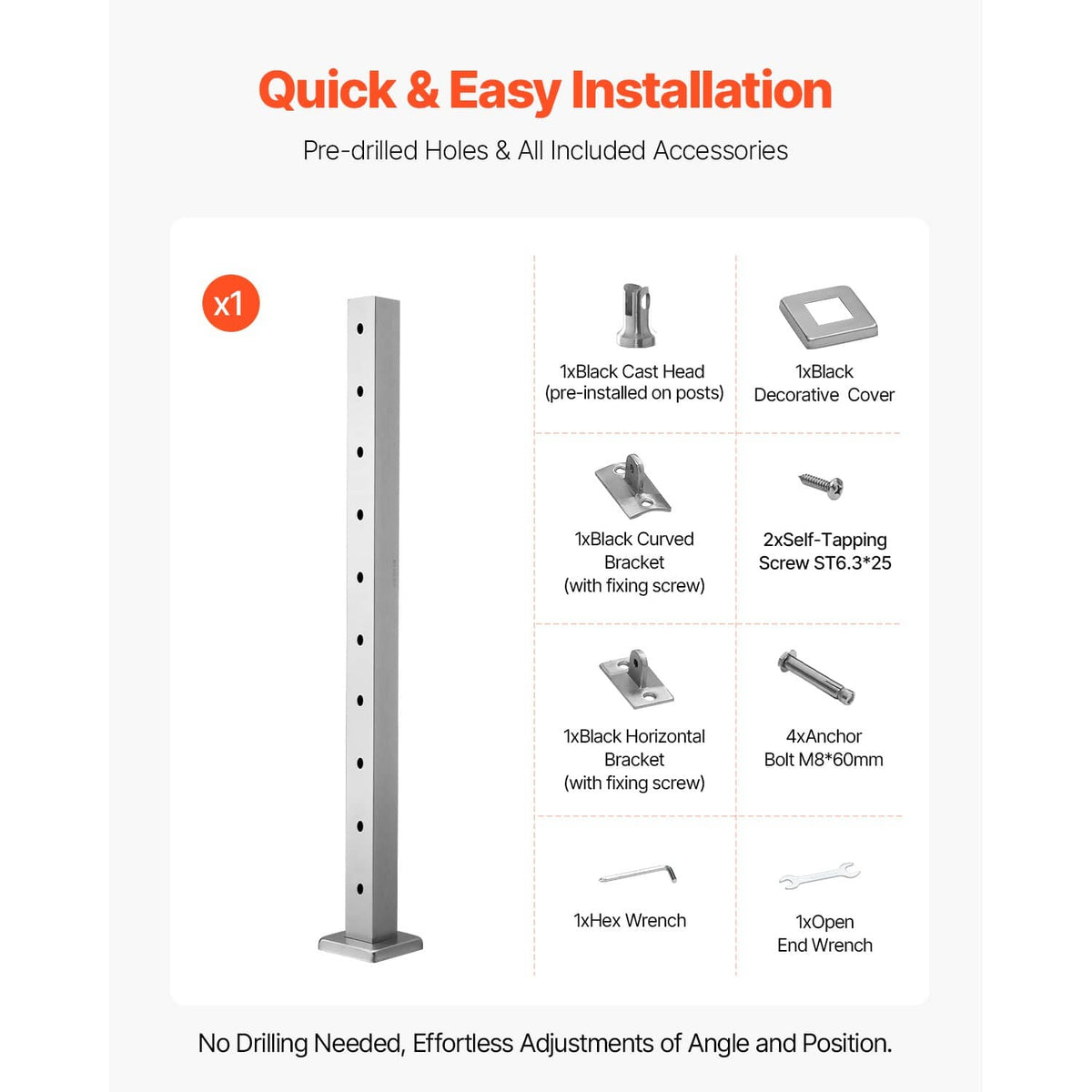 Pre-drilled cable railing post kit, silver stainless steel with included accessories and tools