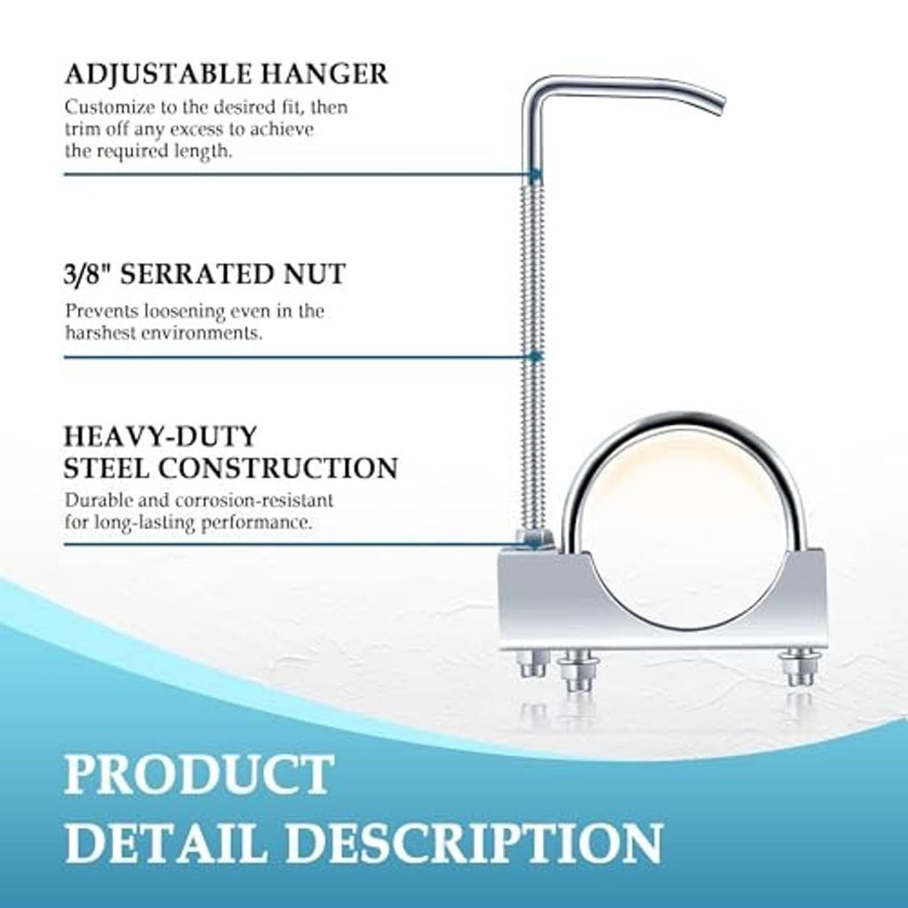 3-inch exhaust hanger clamp with coiled threaded rod, U hook, serrated nut, and base