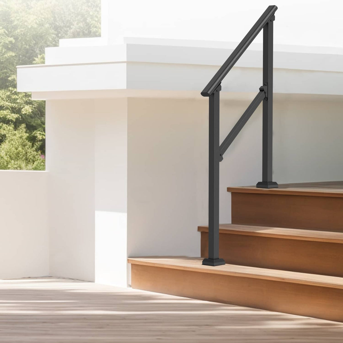 Outdoor stair handrail set with black carbon steel posts and angled rail