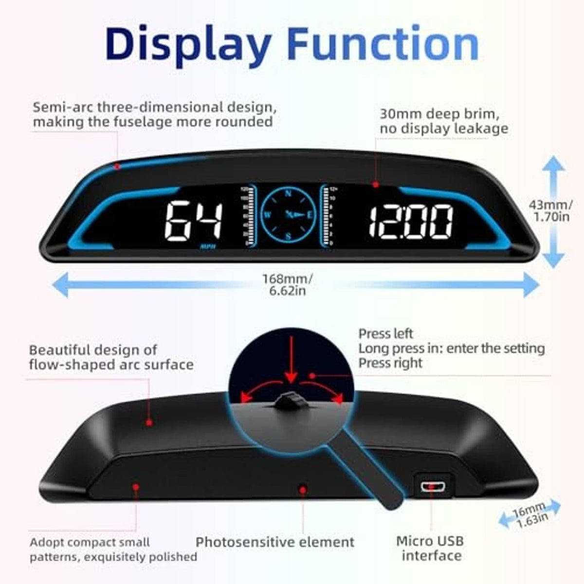 Car HUD display with size diagram, buttons, and micro USB port layout details