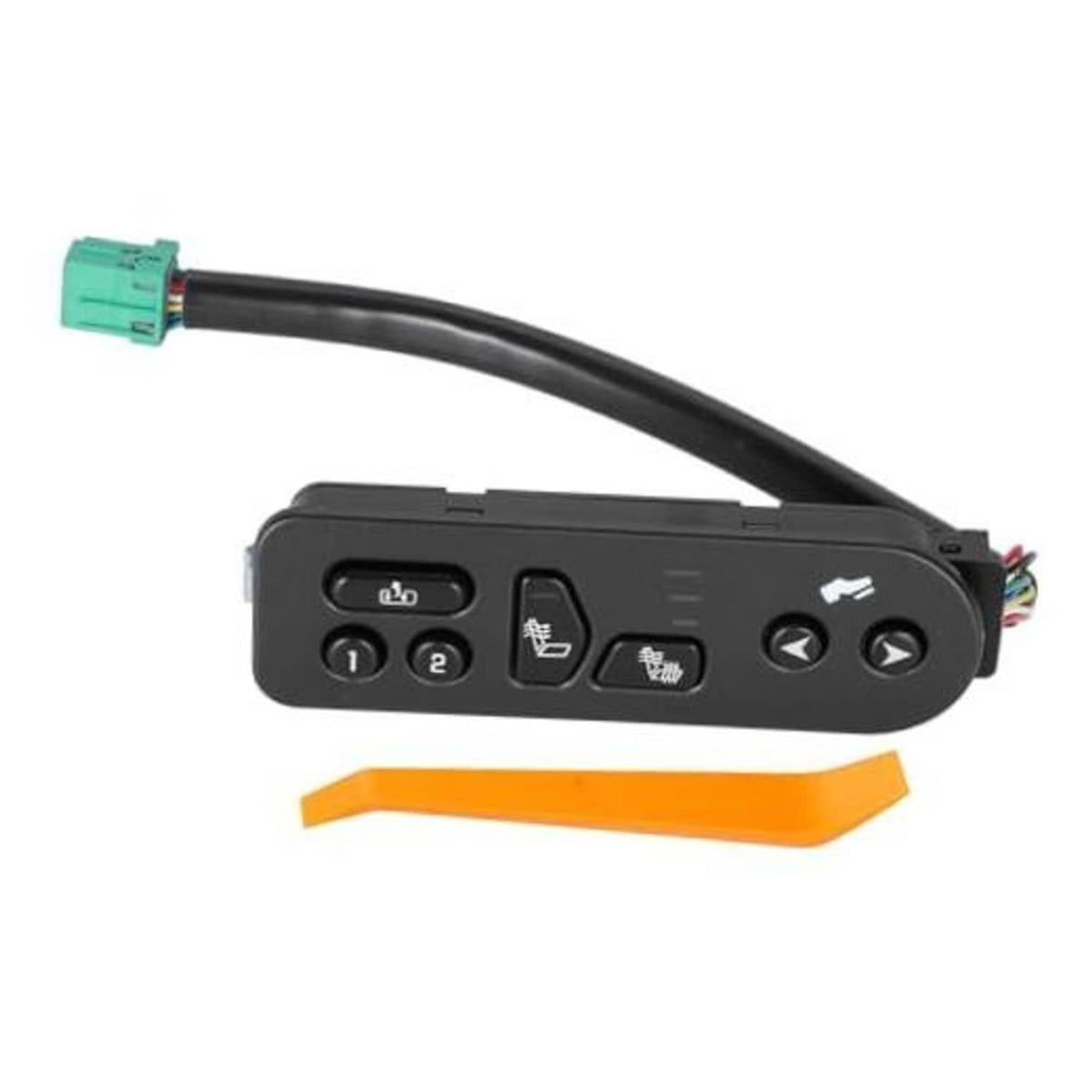 Black seat heater switch with button controls and green wiring connector