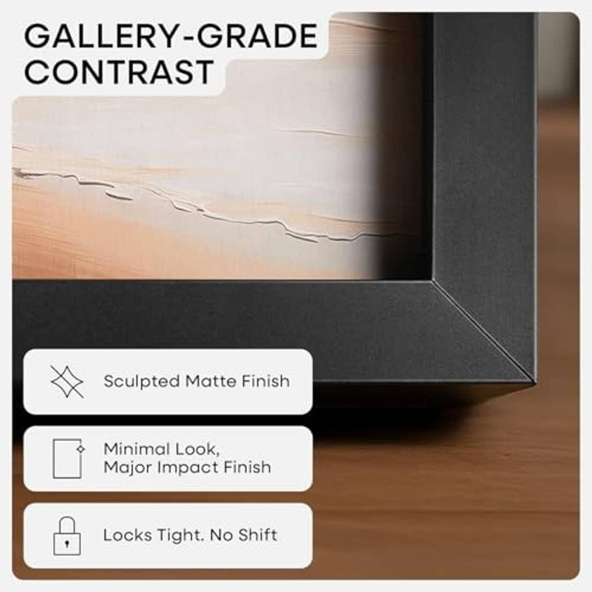 Black picture frame corner close-up with sculpted matte finish and snug miter joints