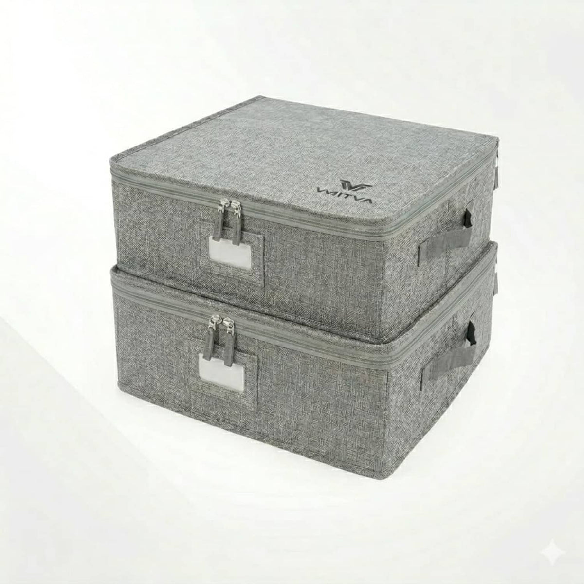 Grey mug storage organizer set of two, stacked closed boxes with zipper closures