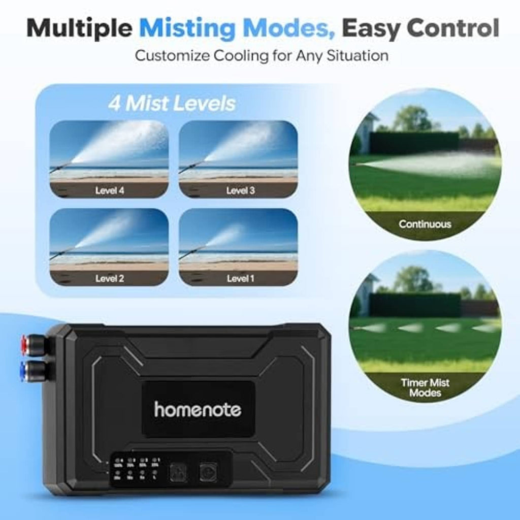 Black misting control box with button panel and input/output ports