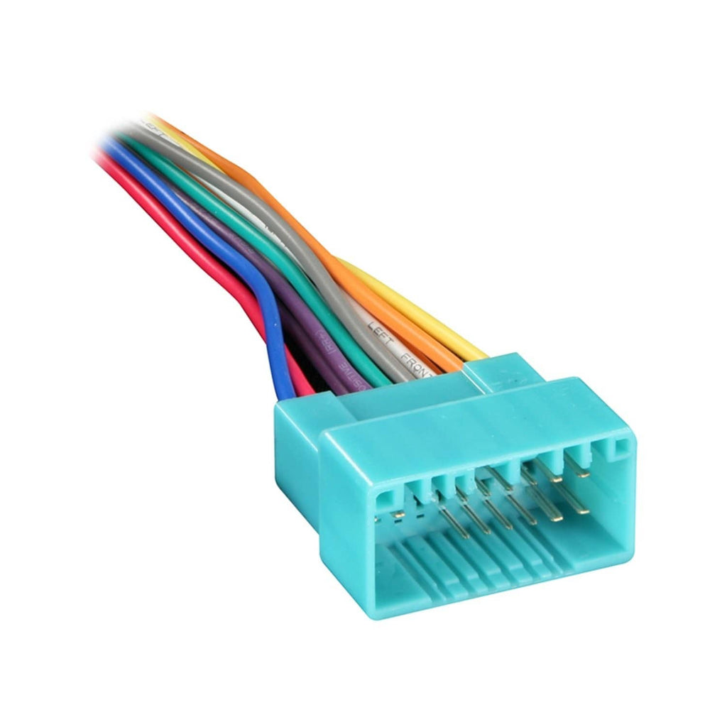 Car radio wiring harness adapter with multicolor coded wires and blue connector plug