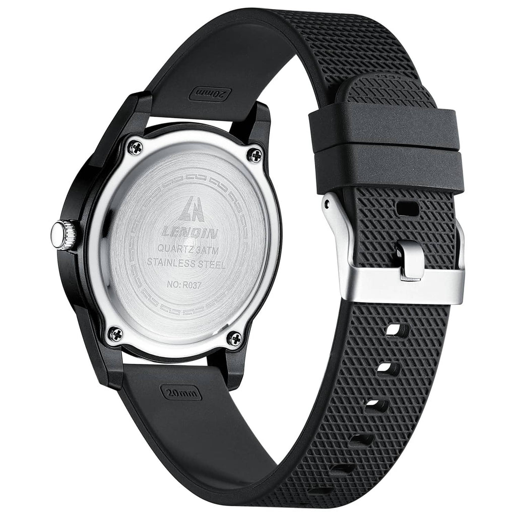 Black men's wristwatch with black silicone strap and stainless steel case back.