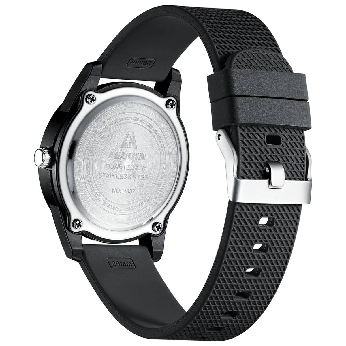 Black men's wristwatch with black silicone strap and stainless steel case back.