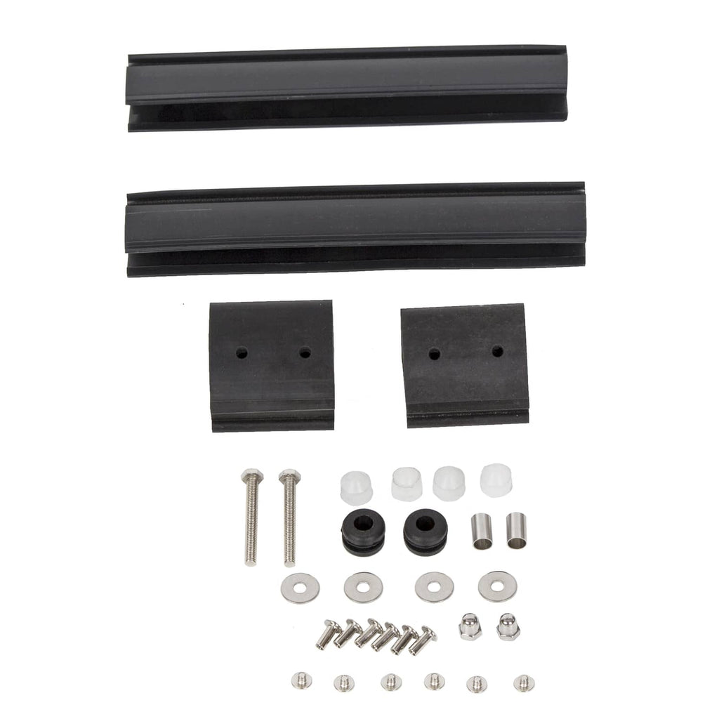 Windshield mounting kit with black rails, brackets, screws, and washers