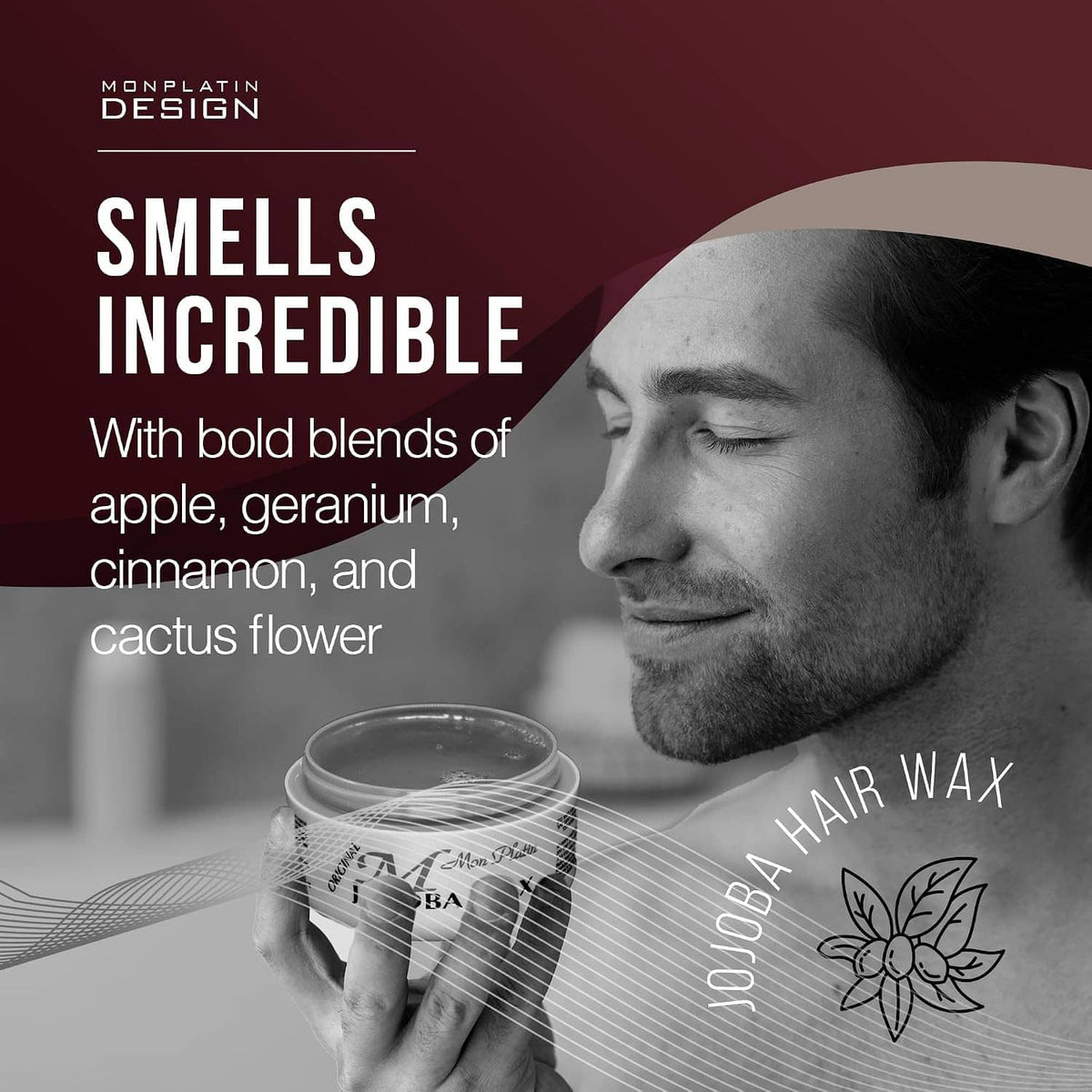 Hair wax jar shown with man’s face and hand holding the product container