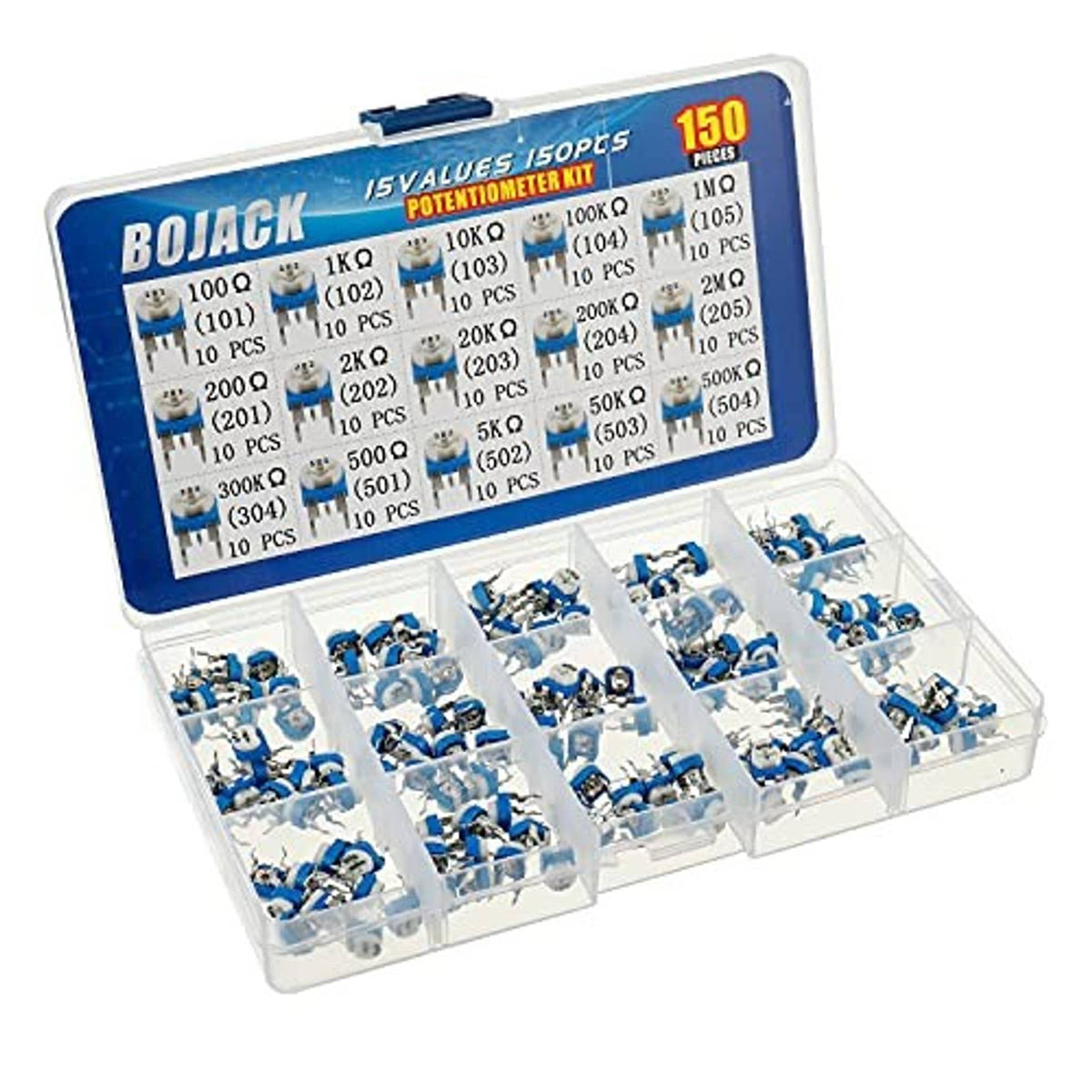 Potentiometer kit with blue-labeled 150-piece assortment in clear plastic organizer