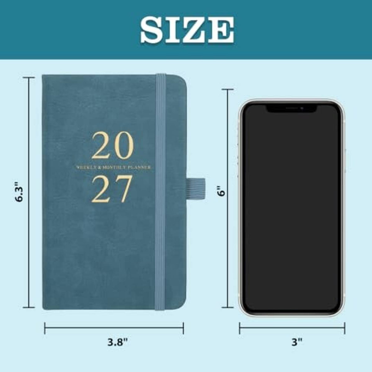 Teal pocket planner dimensions, about 6.8 in high and 3.8 in wide