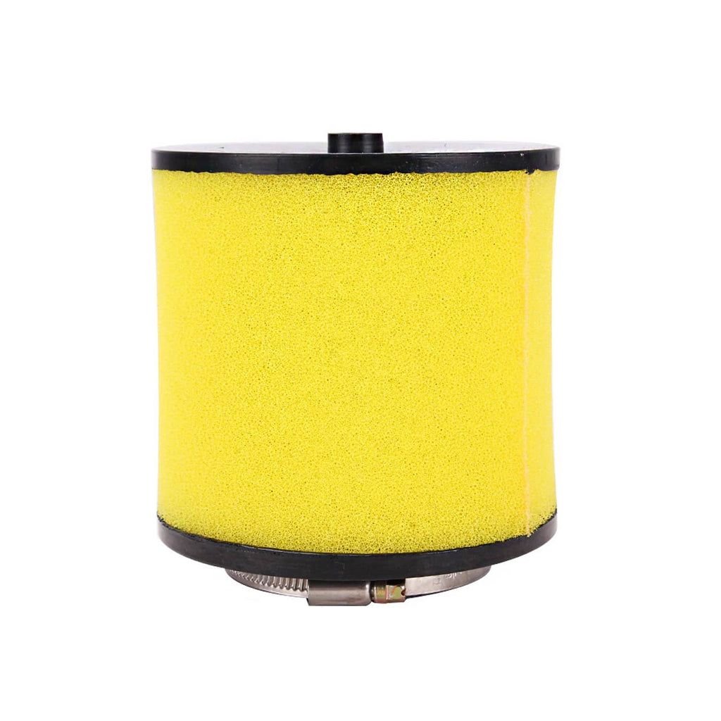 Yellow foam ATV air filter cylinder with black top and bottom and metal band clamp