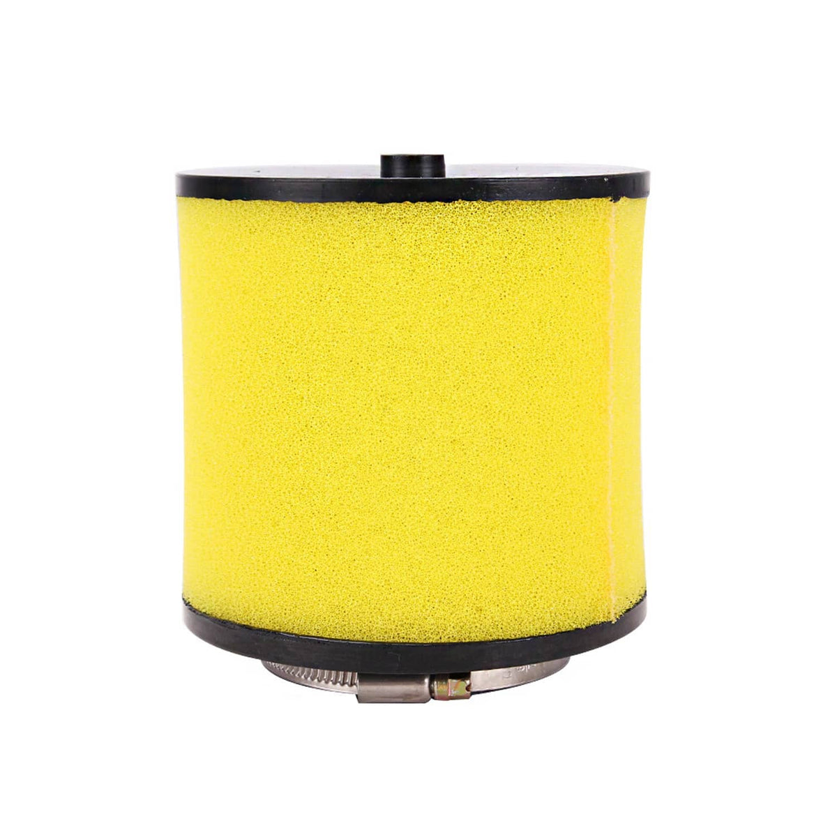 Yellow foam ATV air filter cylinder with black top and bottom and metal band clamp