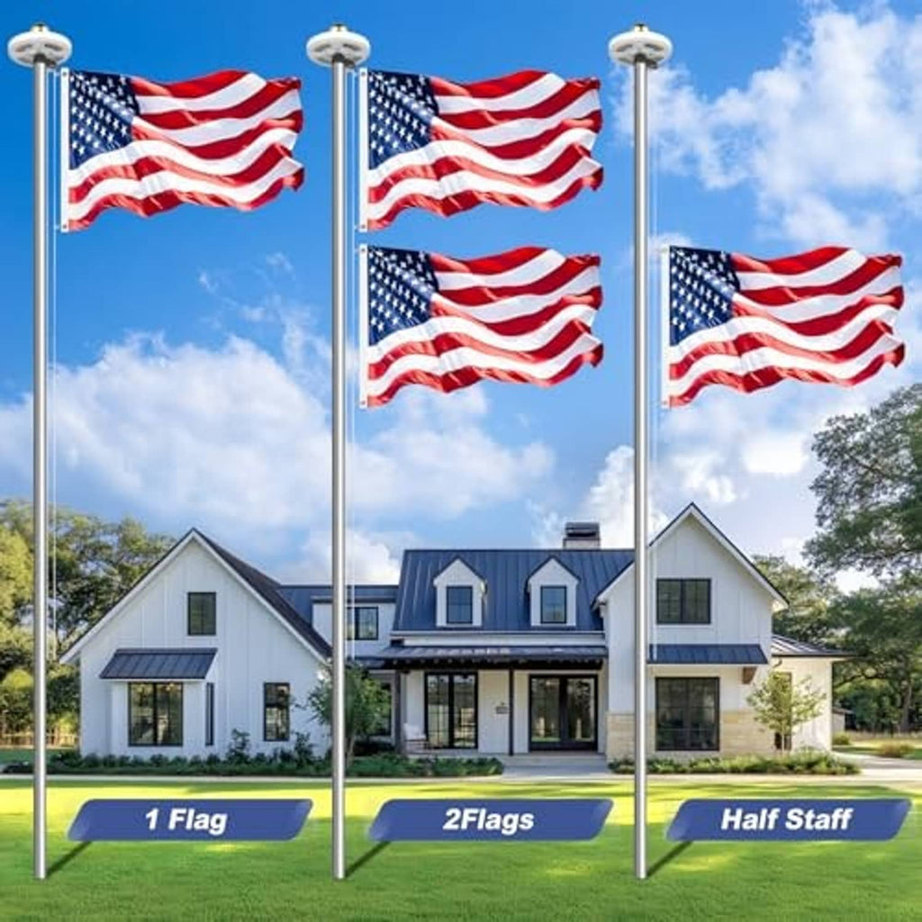 Solar outdoor flagpole with U.S. flags shown in 1-flag, 2-flag, and half-staff layouts