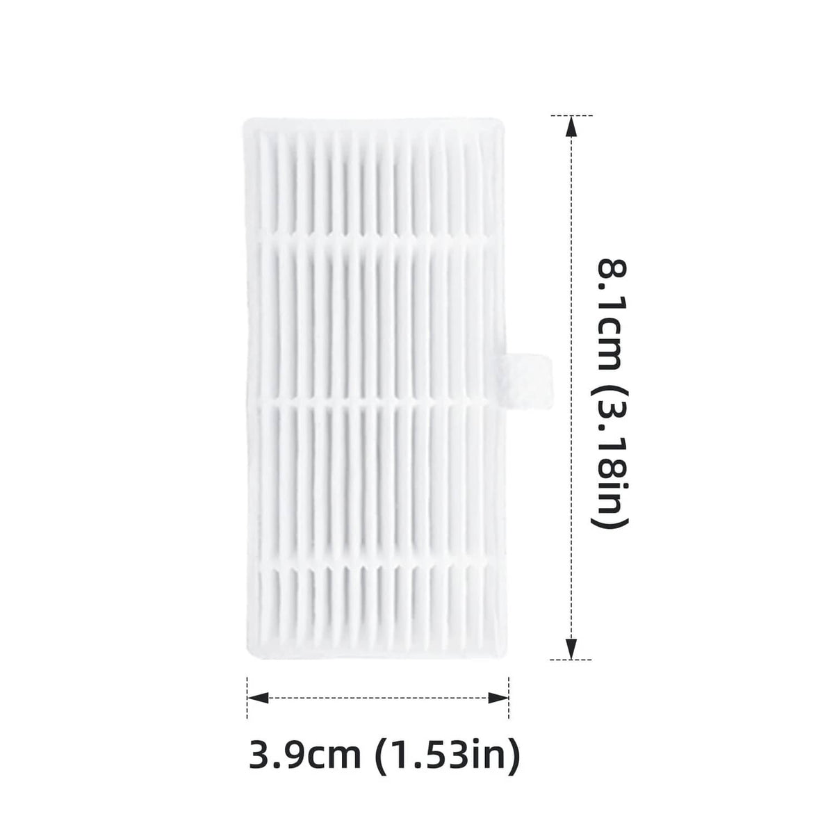 White pleated HEPA filter cartridge, rectangular; 3.9 x 8.1 cm
