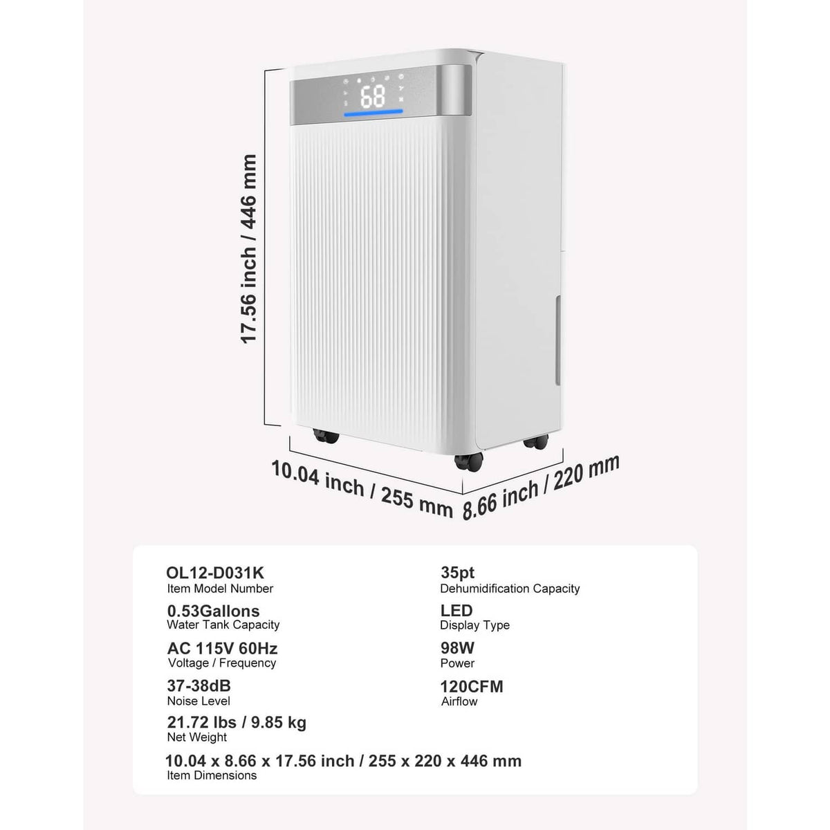 Uimoso 35-pint dehumidifier dimensions view with white body and silver top
