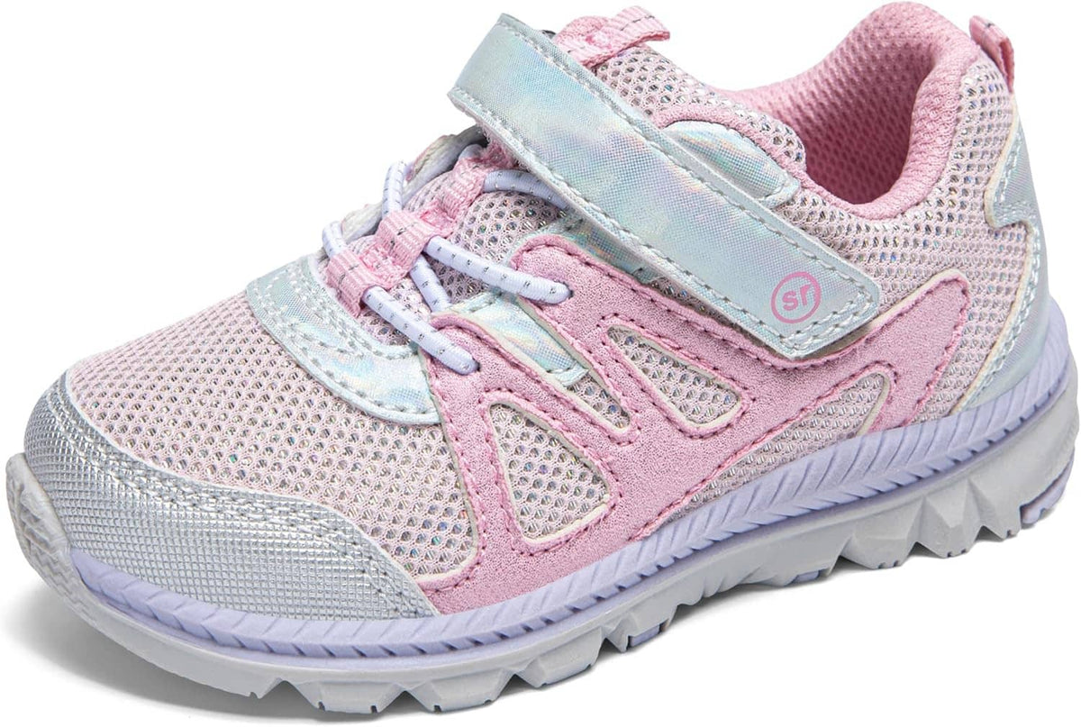 Three-quarter view of light pink and silver toddler sneakers with velcro strap and mesh upper
