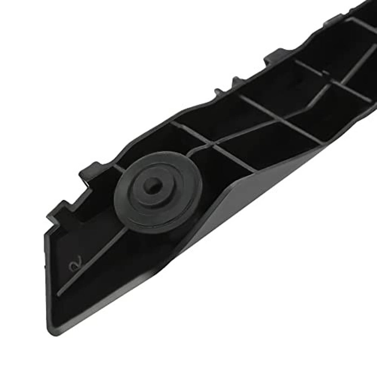Black plastic bumper bracket with round center boss and internal support ribs