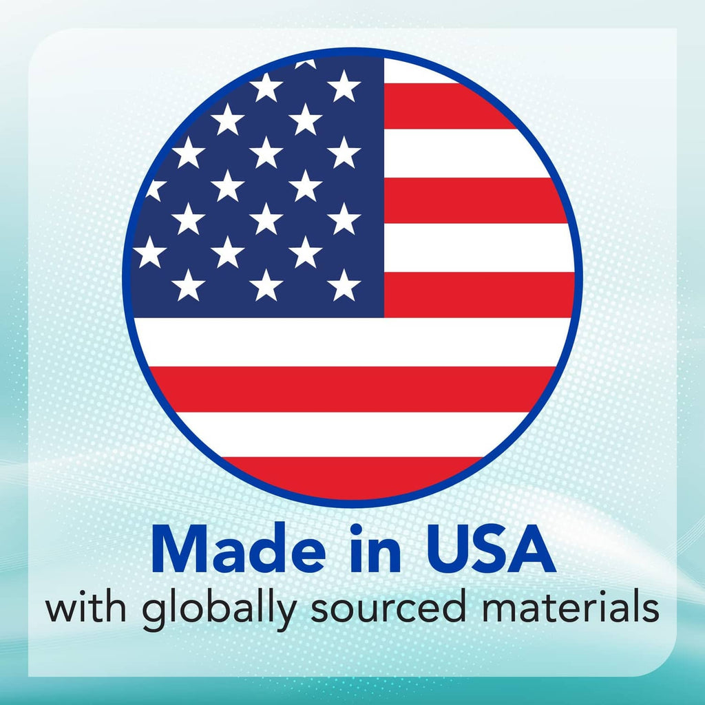 Made in USA nasal strips graphic with U.S. flag and global materials.