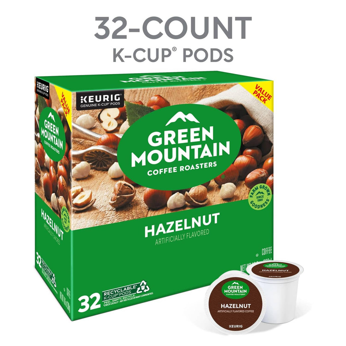 Green Mountain Hazelnut 32-count K-Cup pods box with single pod cup