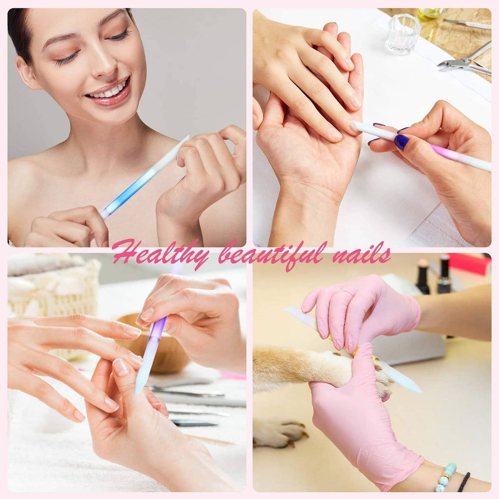 Glass cuticle pusher stick during nail care, shown cleaning and smoothing the cuticle