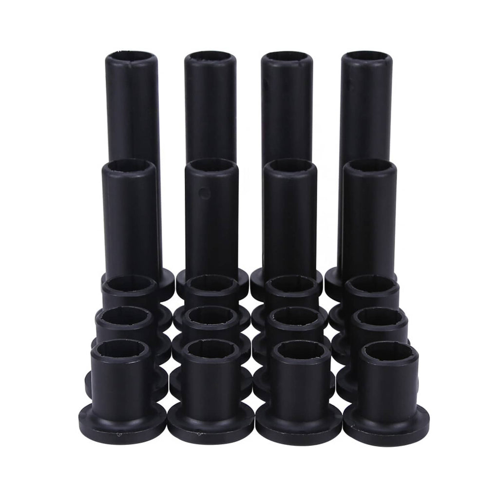 Black control arm bushing kit, multiple cylindrical rubber sleeves with flanged ends