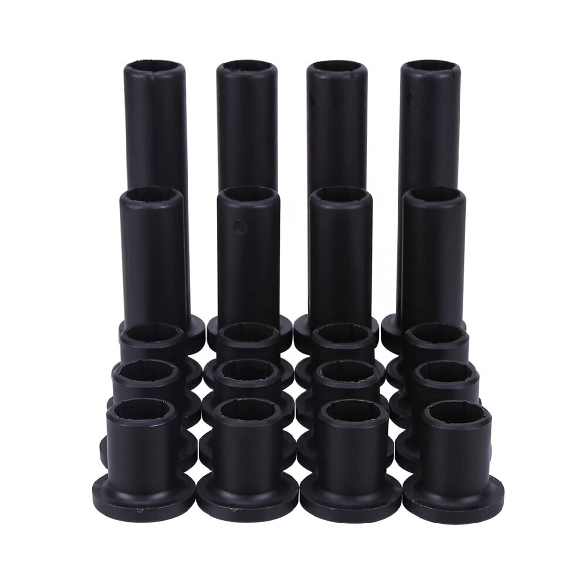 Black control arm bushing kit, multiple cylindrical rubber sleeves with flanged ends