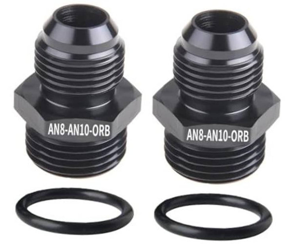 Black AN8 to AN10 ORB male O-ring boss adapter, with two O-rings