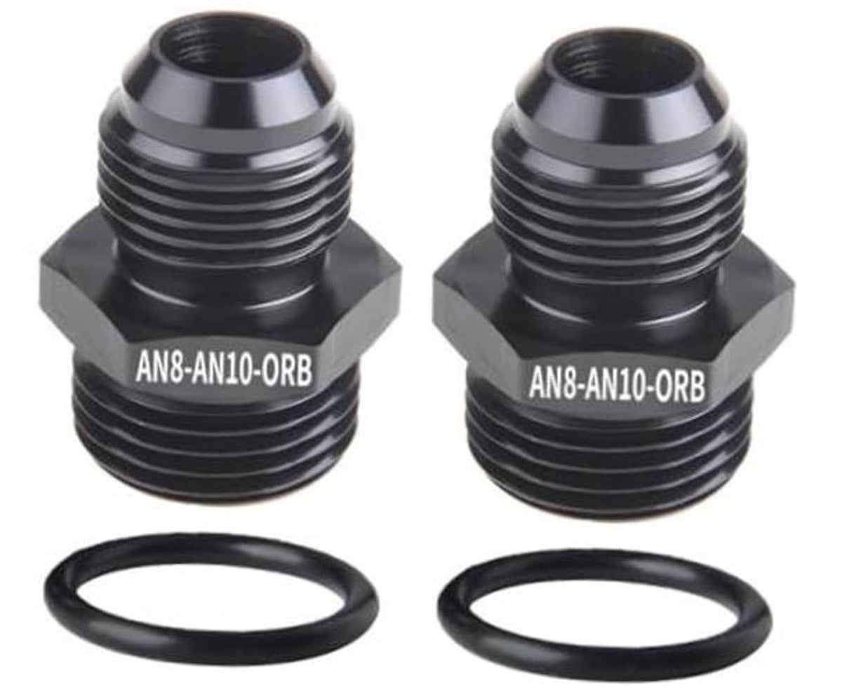 Black AN8 to AN10 ORB male O-ring boss adapter, with two O-rings