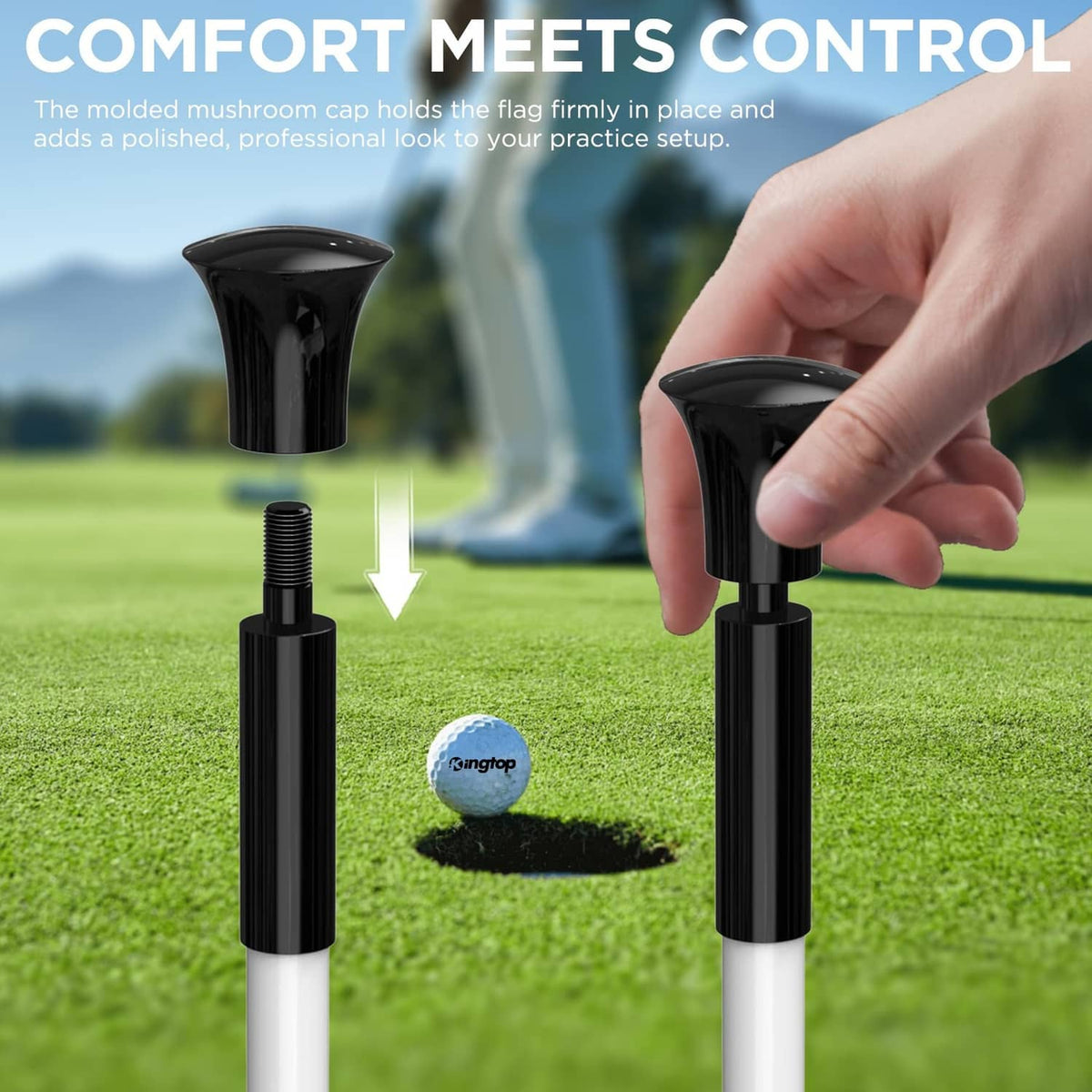 Black ergonomic grip cap and threaded base on a white golf flagpole section