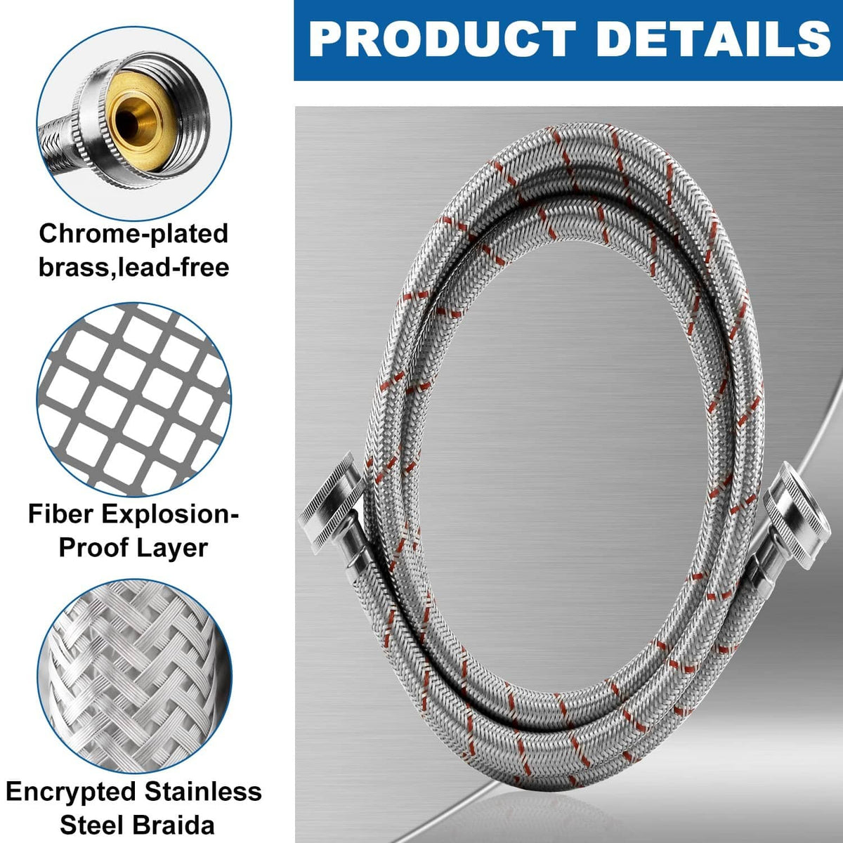 Stainless braided washing machine hoses with chrome-plated brass connectors, coiled 6 ft.