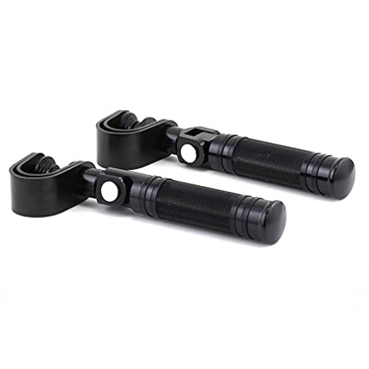 Pair of black foldable highway pegs shown with textured grip and clamp assembly
