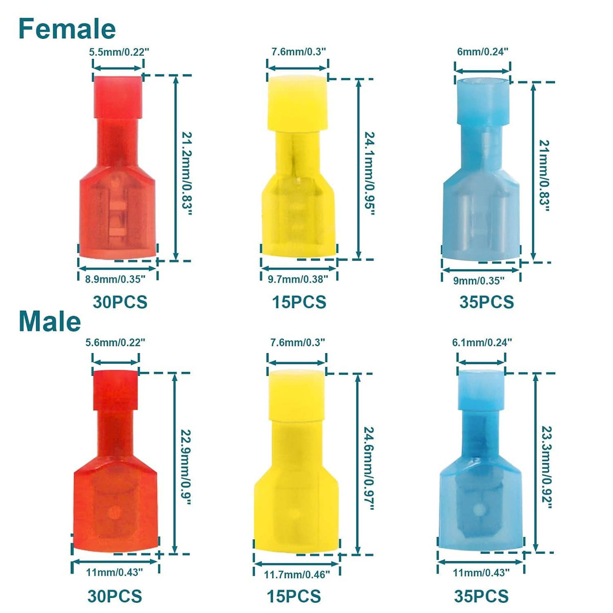 Spade quick disconnect terminal kit with red, yellow, blue male and female connectors