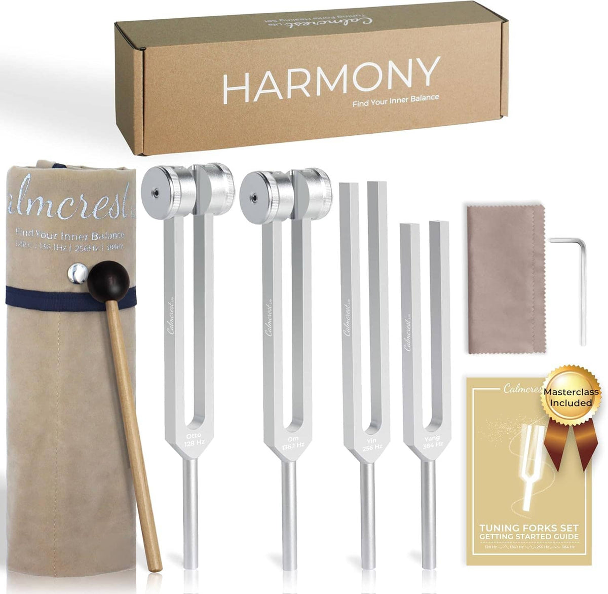 Healing tuning fork set with mallet, pouch, cleaning cloth and guide