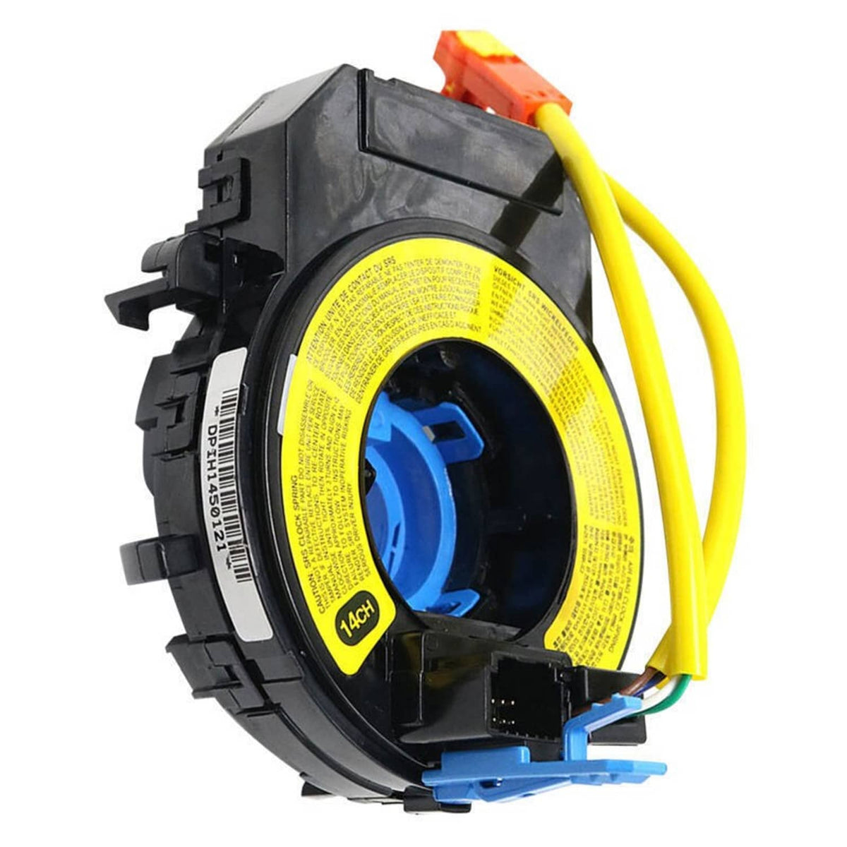 Steering clock spring spiral cable with black housing, yellow wiring, blue center ring