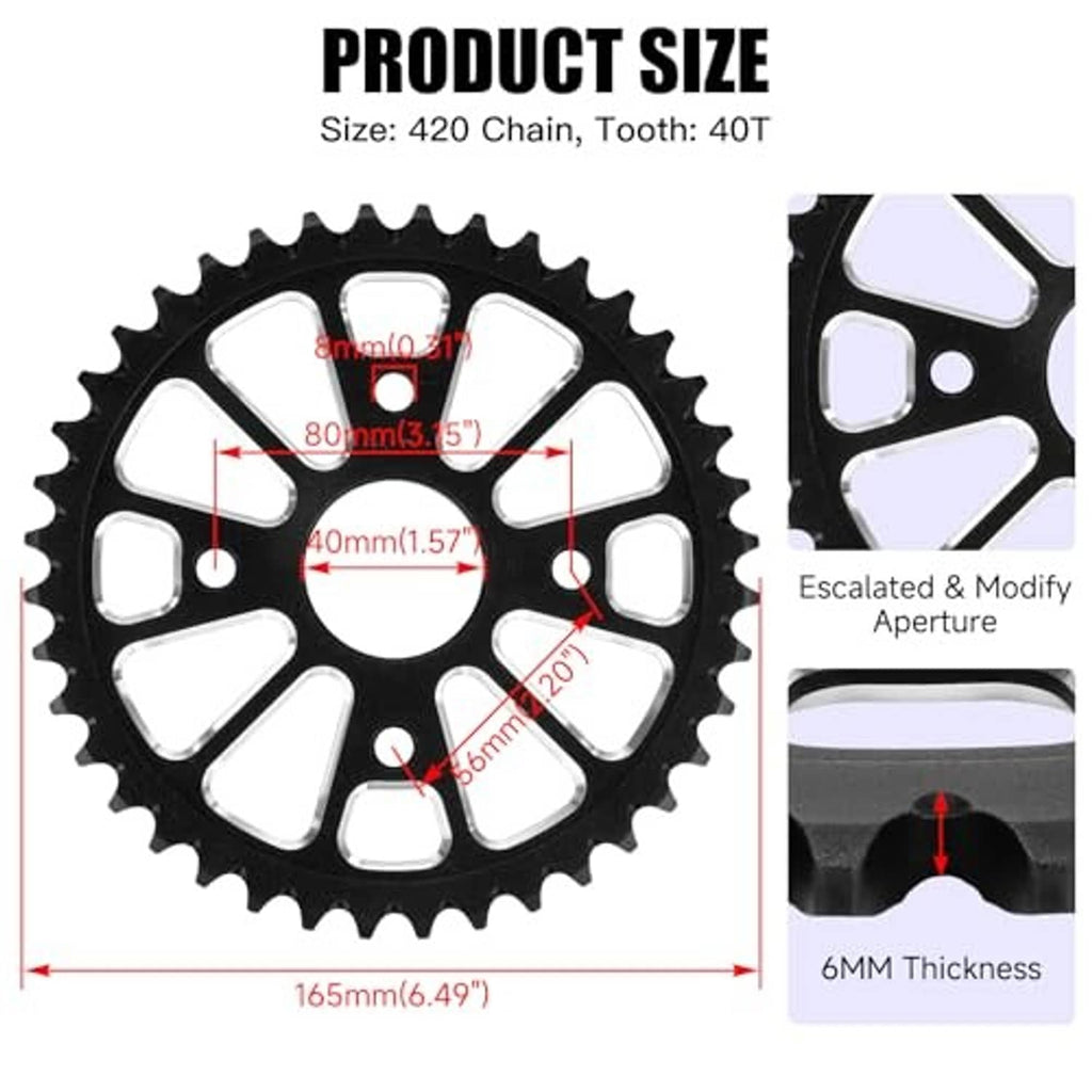Black 40T chain sprocket size diagram with bore and thickness