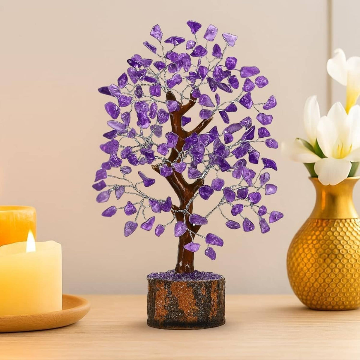 Amethyst crystal tree decoration with purple gem leaves and a round wooden base