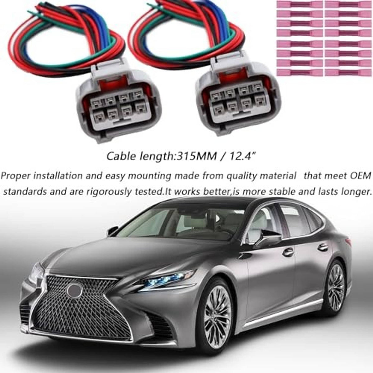 Headlight connector wiring pigtails set with two gray multi-pin plugs and extended color cables