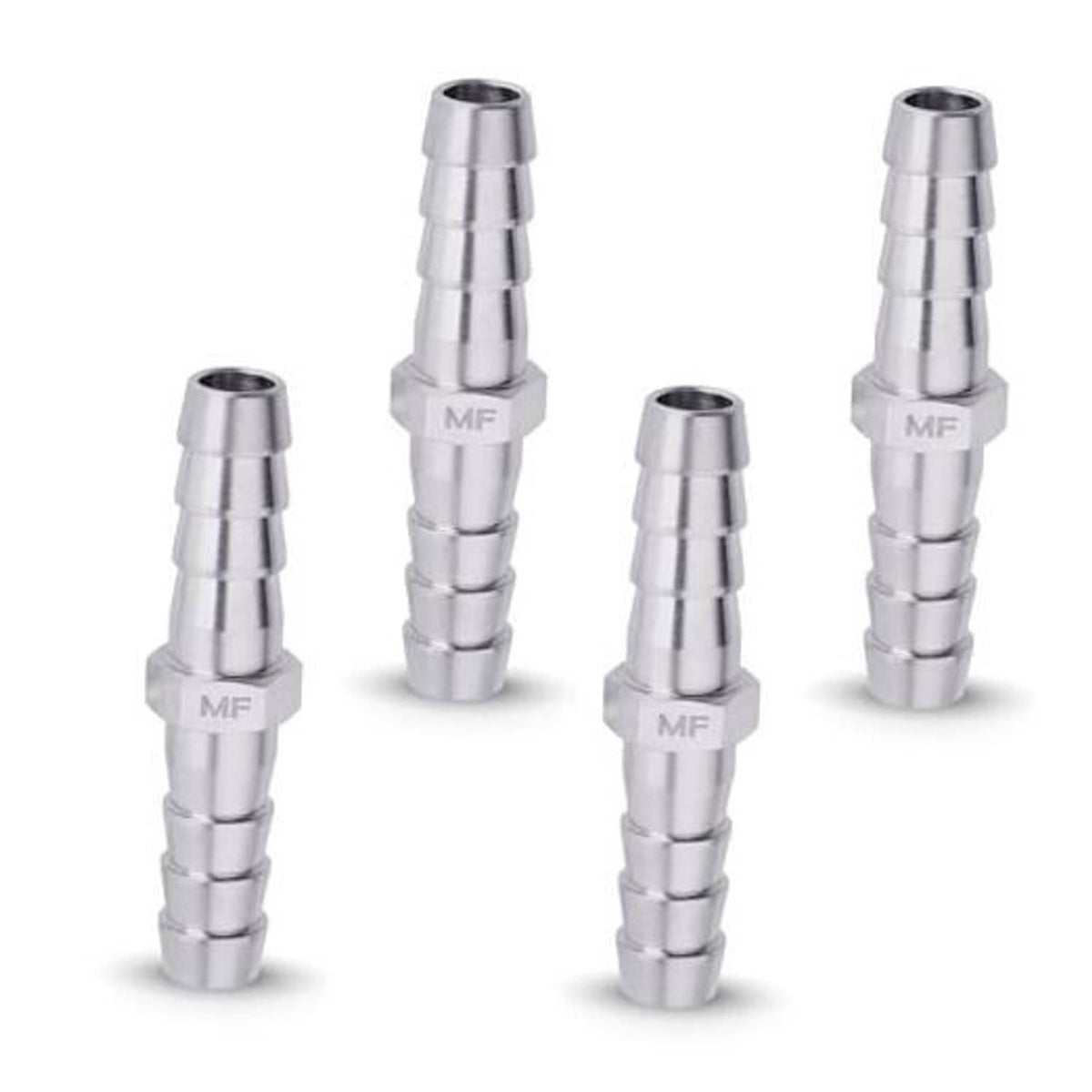 Pack of four stainless steel hose barb fittings, 5/16 in x 5/16 in barbs
