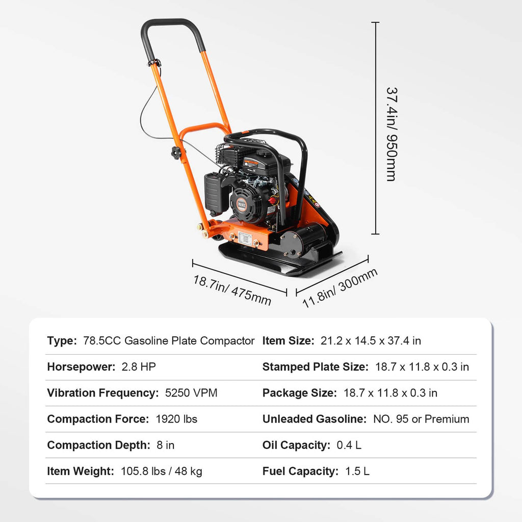 Walk-behind plate compactor product dimensions diagram with engine and base plate