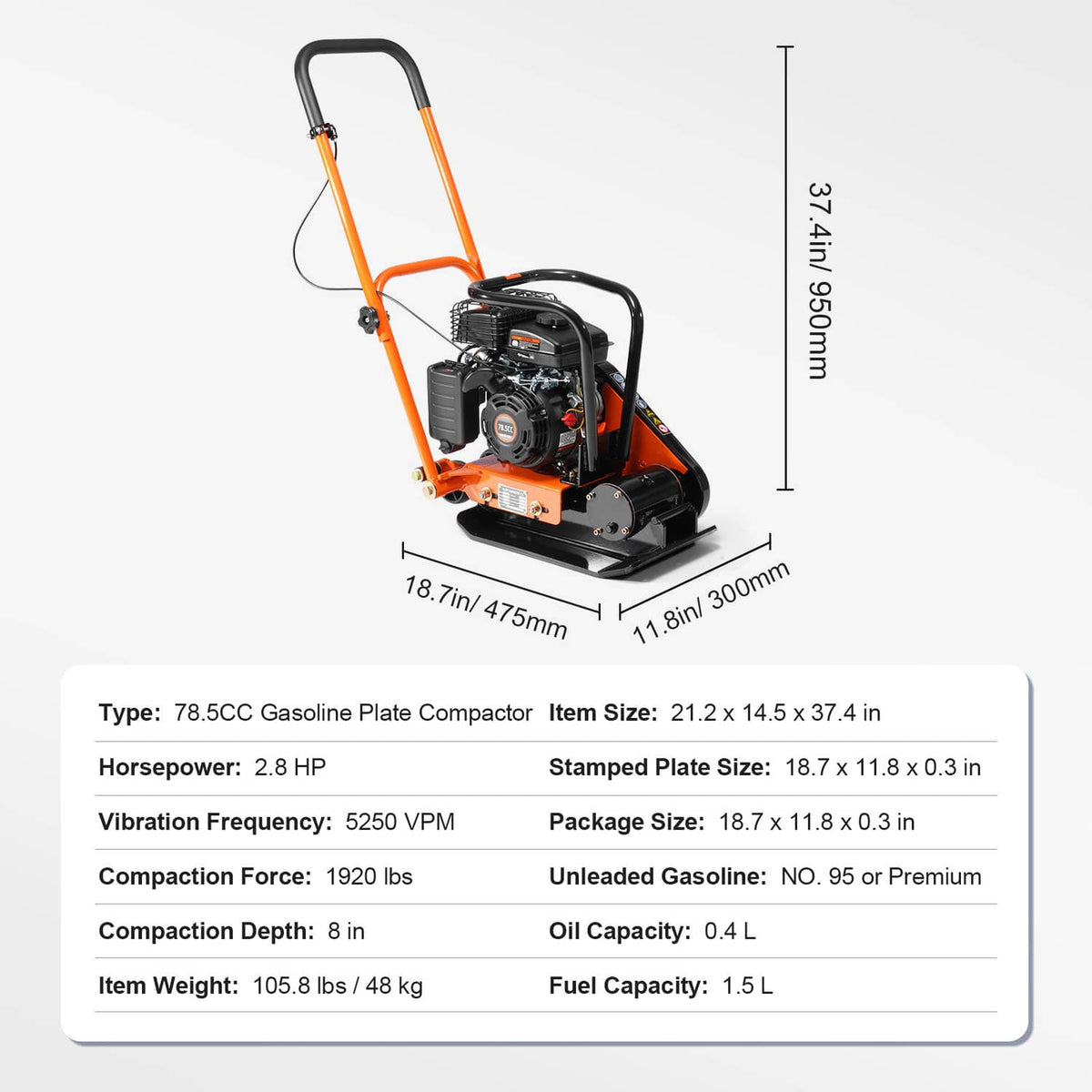 Walk-behind plate compactor product dimensions diagram with engine and base plate