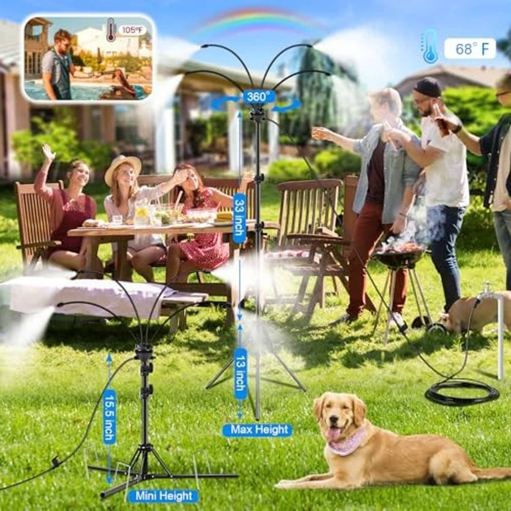 Outdoor patio misting stand with adjustable-height pole and coiled hose