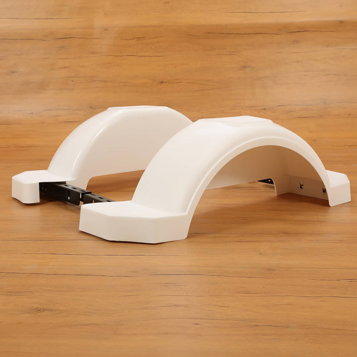 White HDPE single axle trailer fenders, left and right pair with mounting brackets