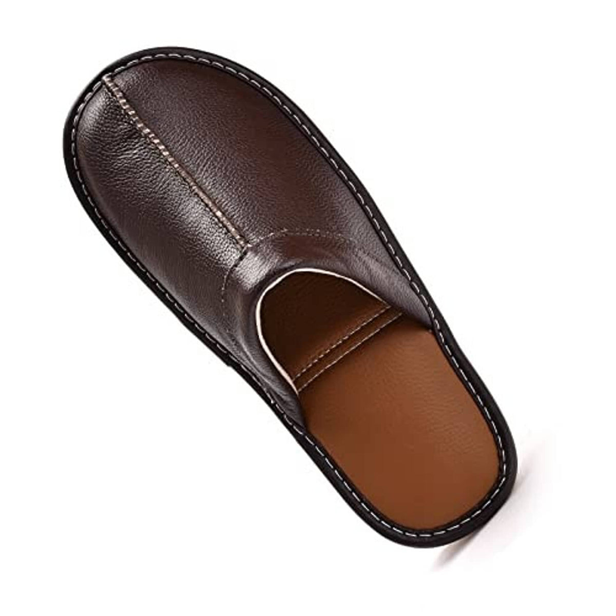 Dark brown leather slip-on slippers, open toe with contrast stitching around trim
