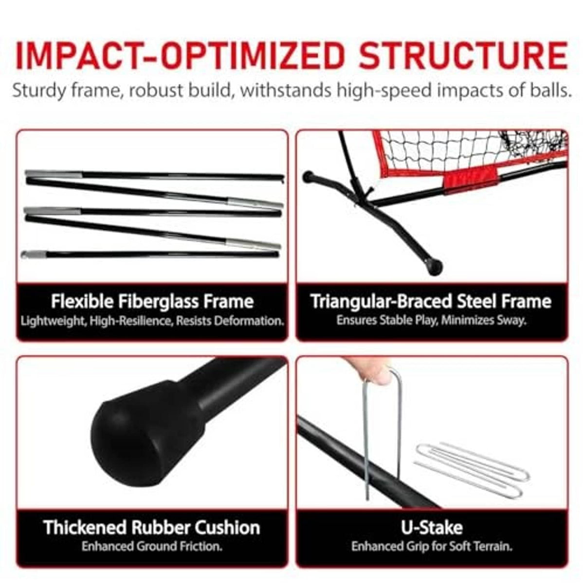 Impact-optimized baseball net frame with fiberglass rods and rubber base cushion