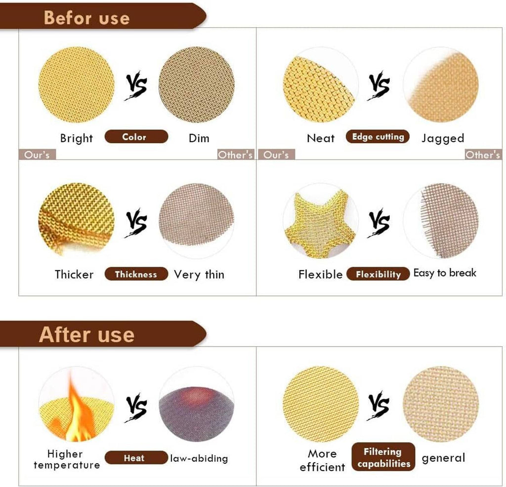 Brass pipe screen discs with fine mesh texture shown on a comparison card